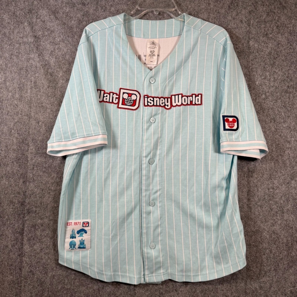 Walt Disney World Baseball Jersey Mens Large Pinstripe Shirt Mint Blue Snap